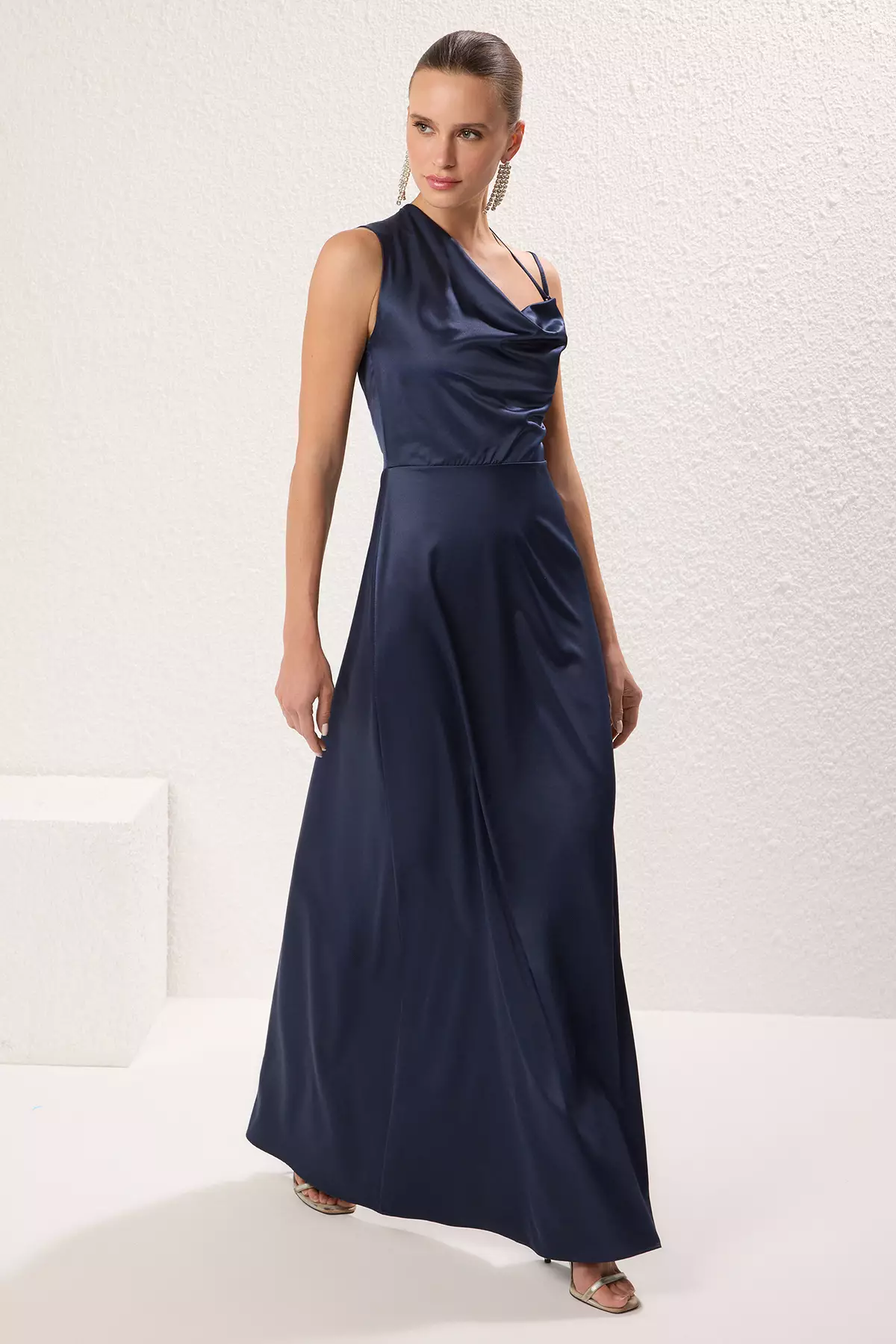 A-Line Cowl Neck Satin Woven Evening Dress