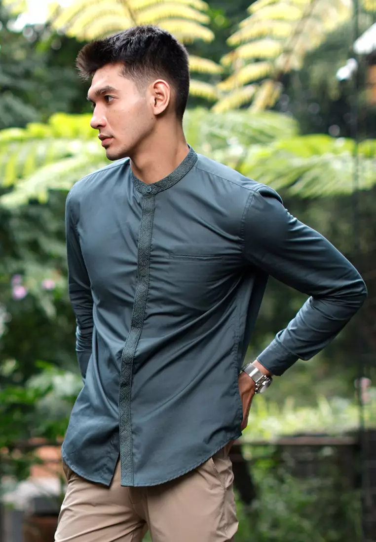OXCON Kemeja Tangan Panjang koko bordir embrodiery collarless shirt dark Sage