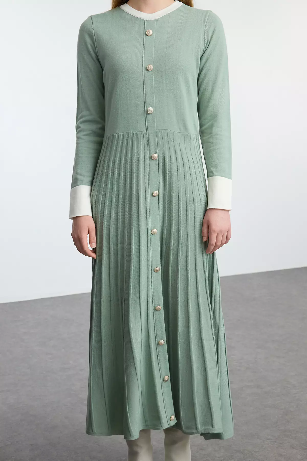 Color Blocked Mint Pleated Knitwear Dress - Tctaw25Eb00092