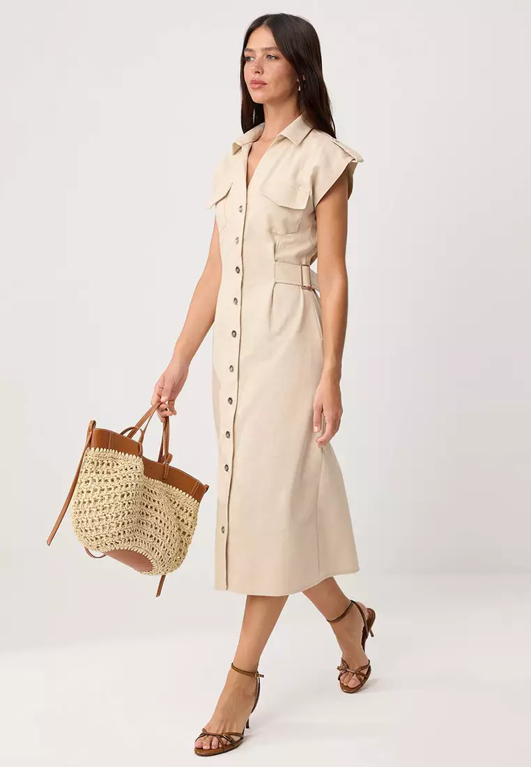 Stone Accessory Detail Midi Woven Shirt Dress Twoss26El125