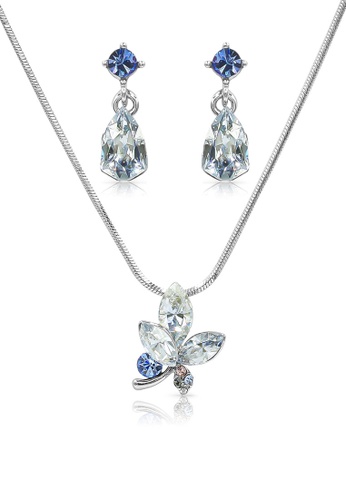 SO SEOUL multi and silver Leilani Maple Leaf Blue Shade Swarovski® Crystals Stud Earrings and Necklace Set 61E31AC0FAEECBGS_1
