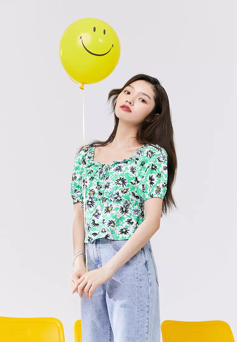 Puff Sleeve Tropical Cropped Top