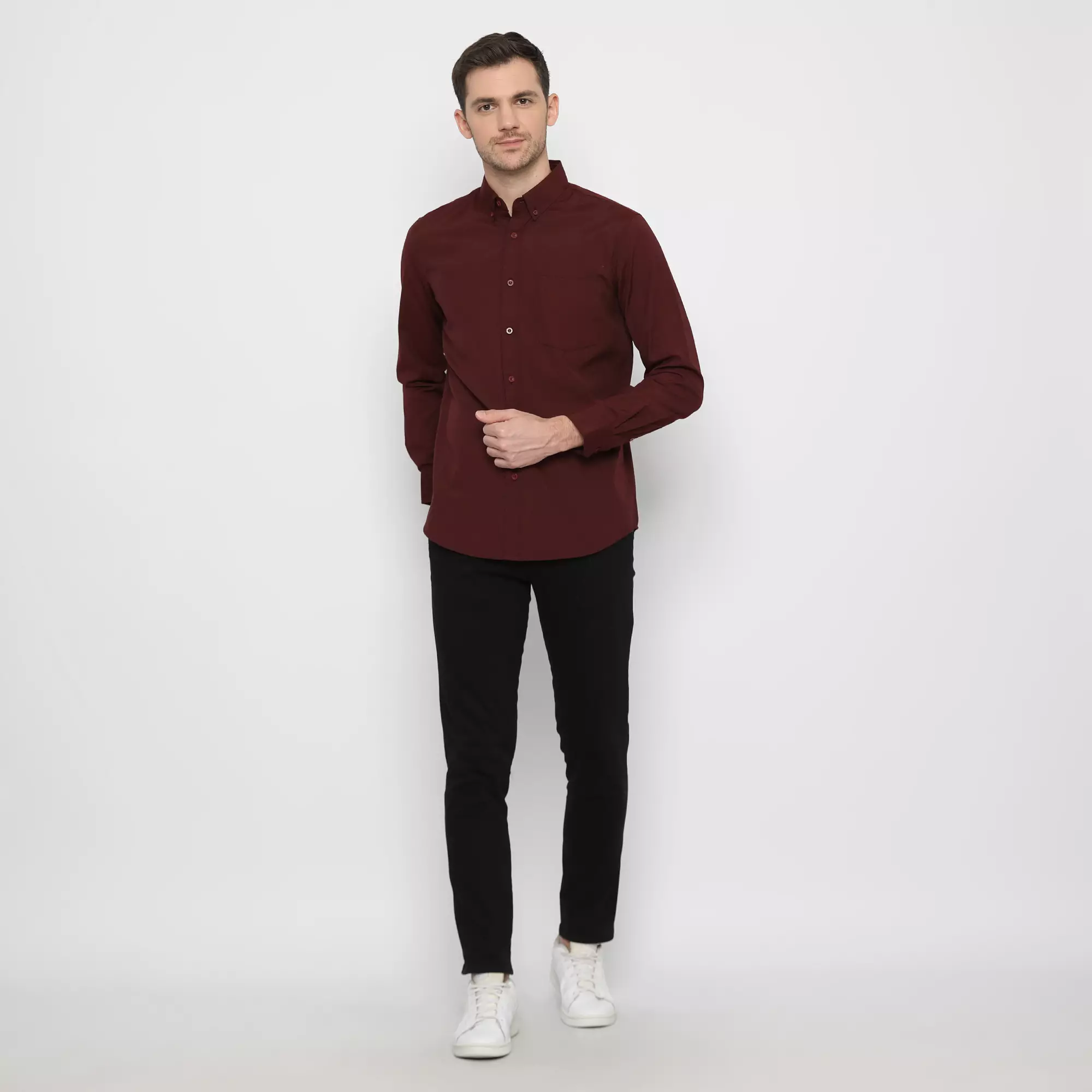 Platini Kemeja Pria Lengan Panjang Basic katun oxford Maroon Tua 66218