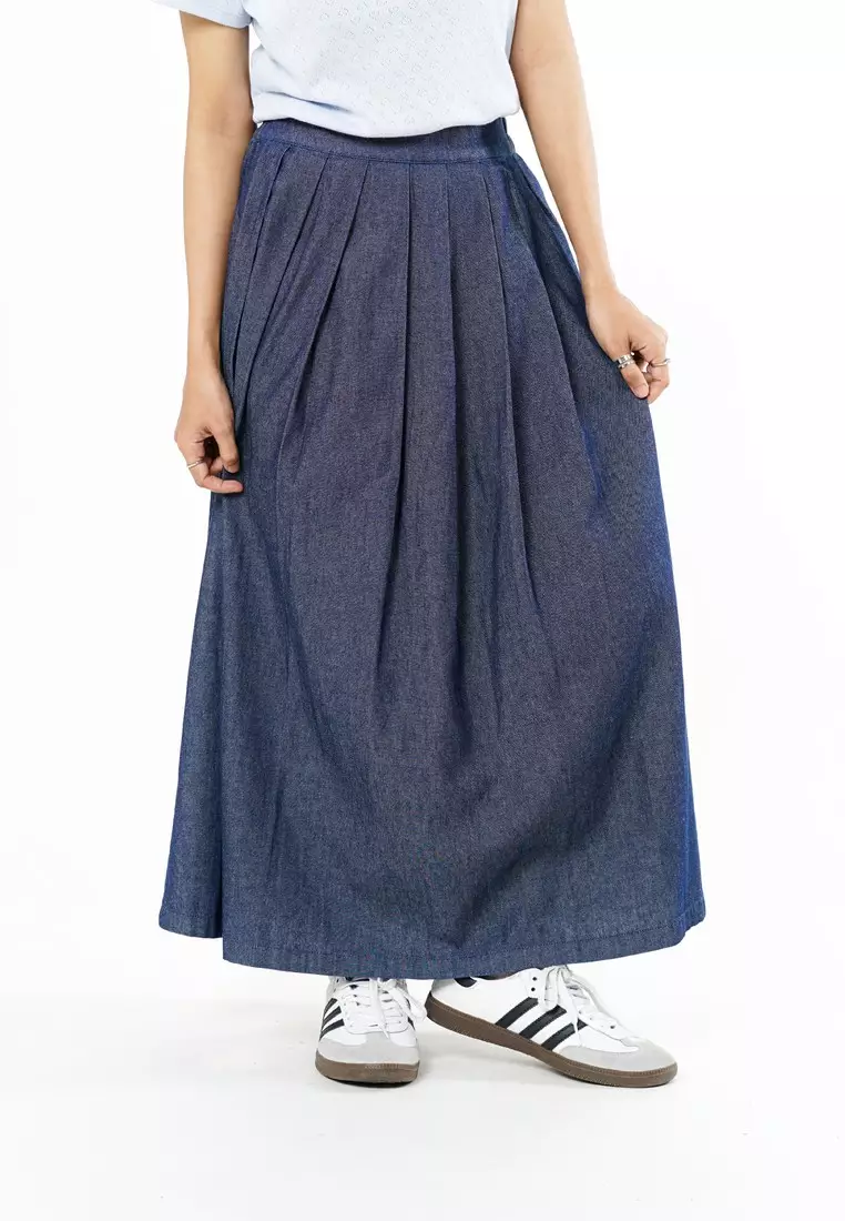 Greenlight Women's Midi Pleated A Line Skirt Cotton Denim Kay HP-C040126