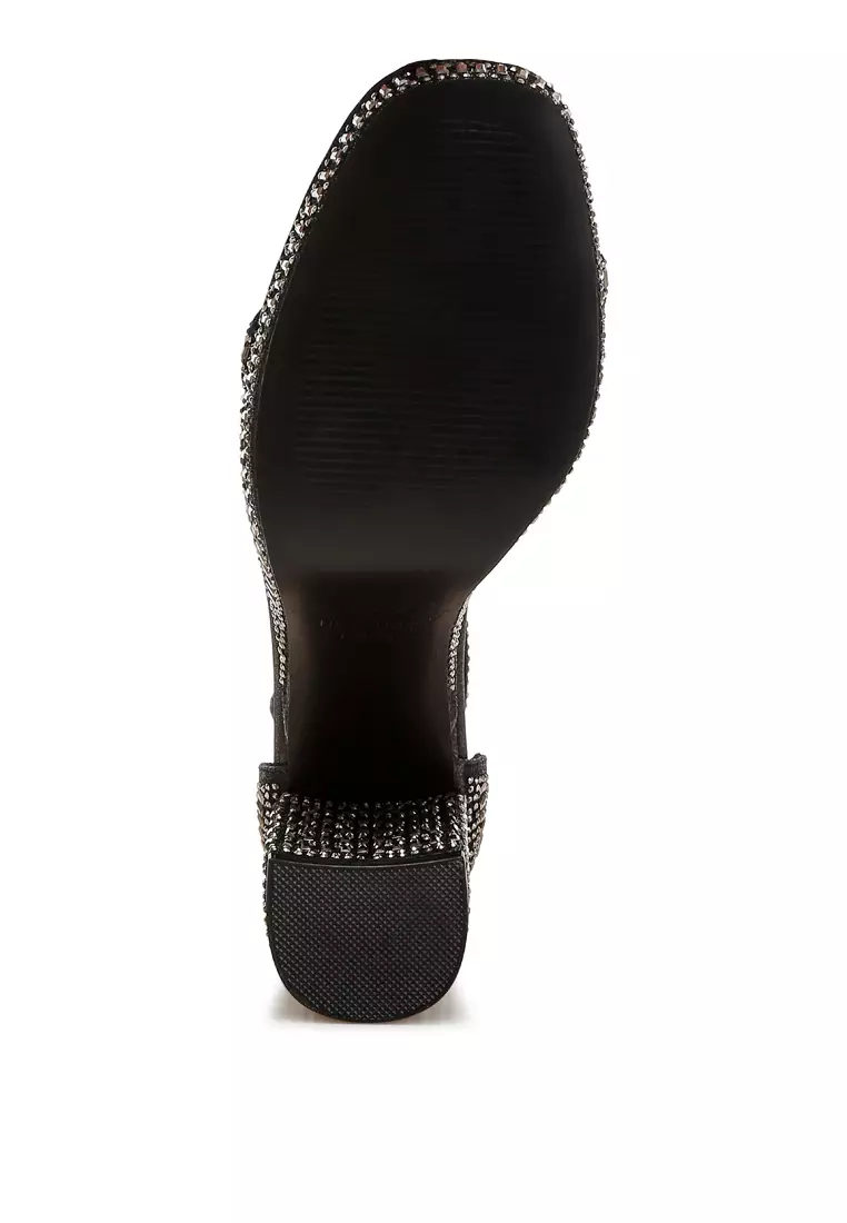 Black Rhinestones Embellished Block Sandals