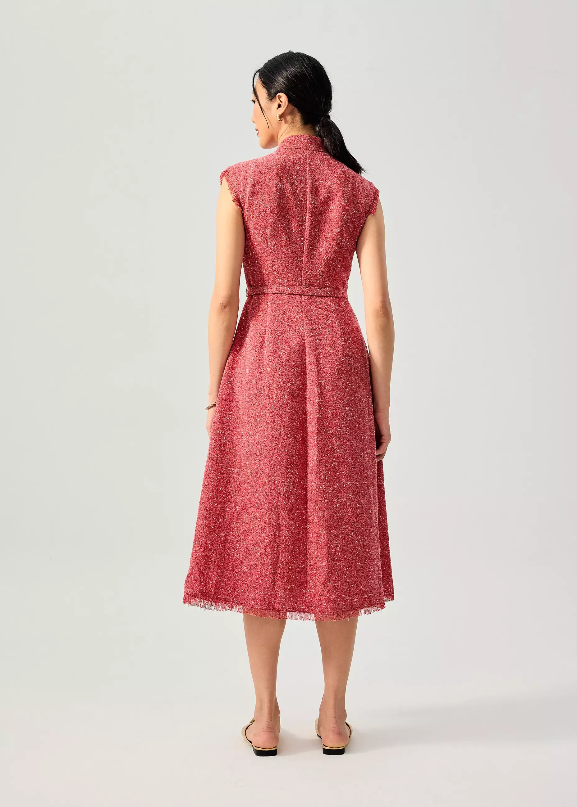 Dress Wanita - Fei Belted Tweed Mandarin Collar Fit & Flare Midaxi Dress