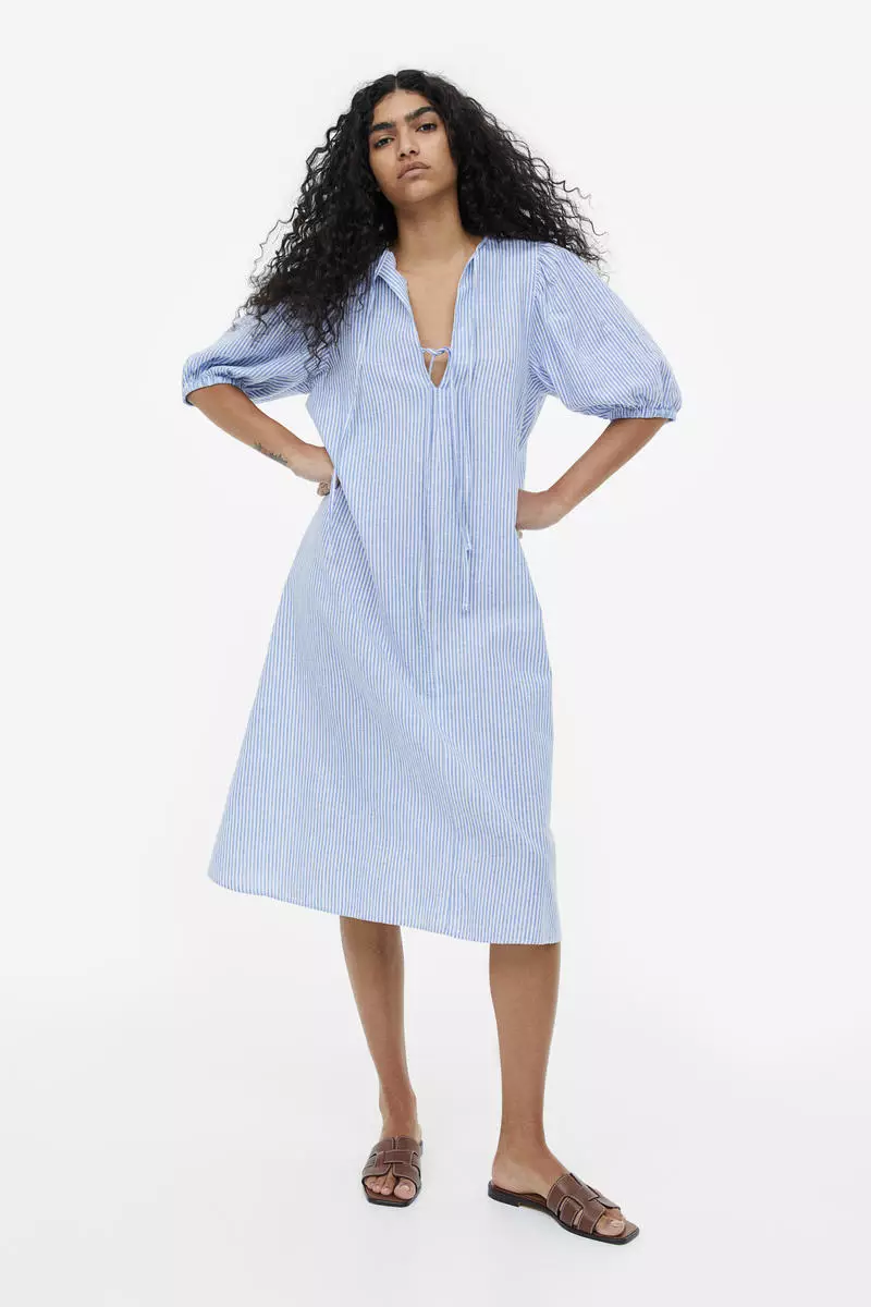 Linen-blend Shirt Dress - Blue/striped - Ladies