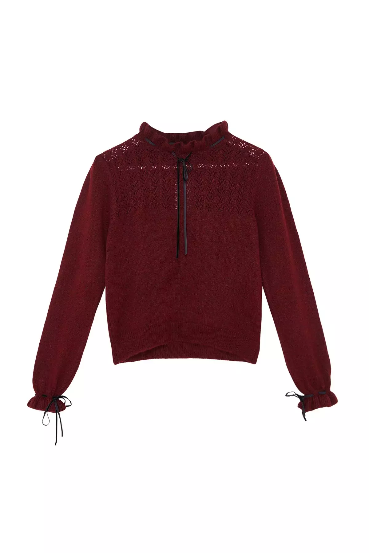 Claret Red Soft Texture Openwork/Hole Ribbon/Bow Detailed Knitwear Sweater TWOAW21KZ2355