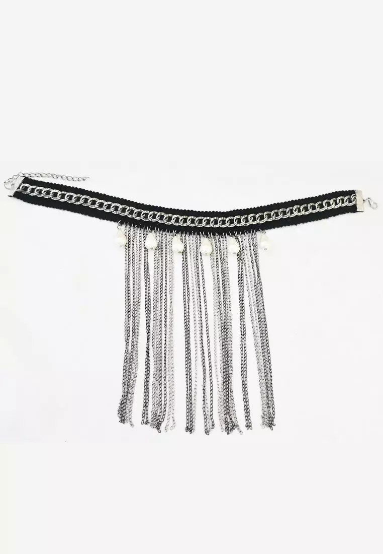 Aksesoris Wanita Pearly  Chains Choker Necklace Kalung Wanita Black & Silver