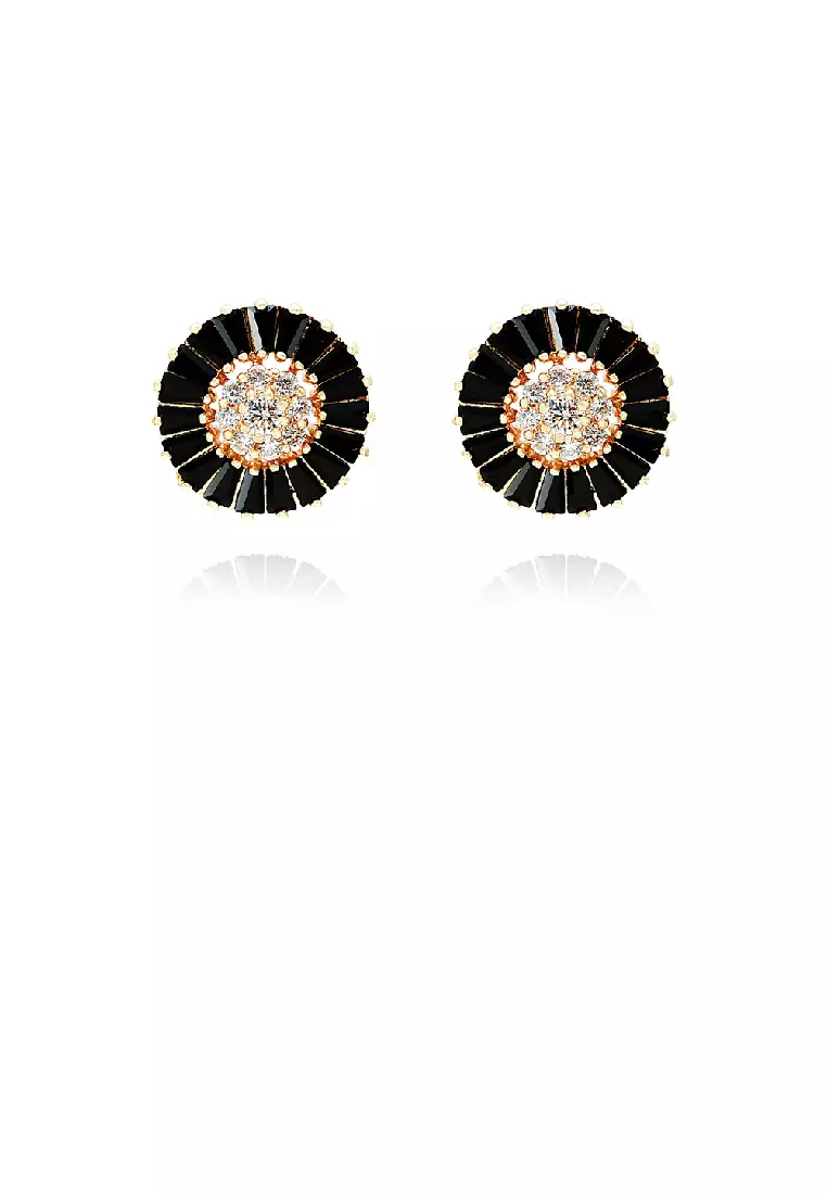 Simple Brilliant Plated Gold Geometric Round Stud Earrings with Black Cubic Zirconia