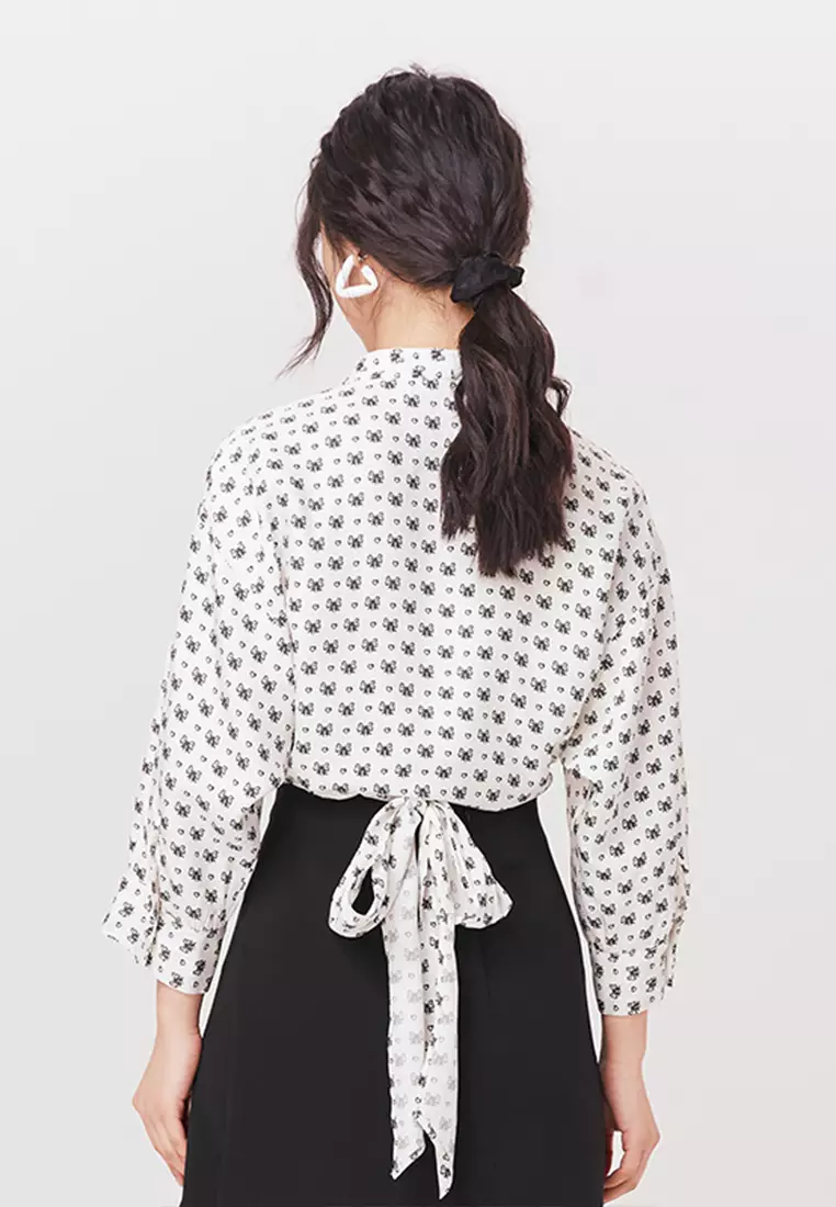 Allover Ribbon Design Crop Top with Front Tie