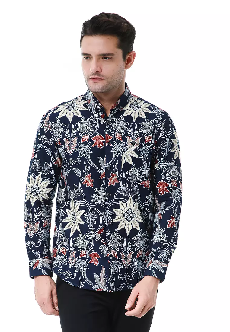 Blade Kemeja Formal Pria Batik Lengan Panjang Motif Bunga Material Cotton ORIGINAL - Blue