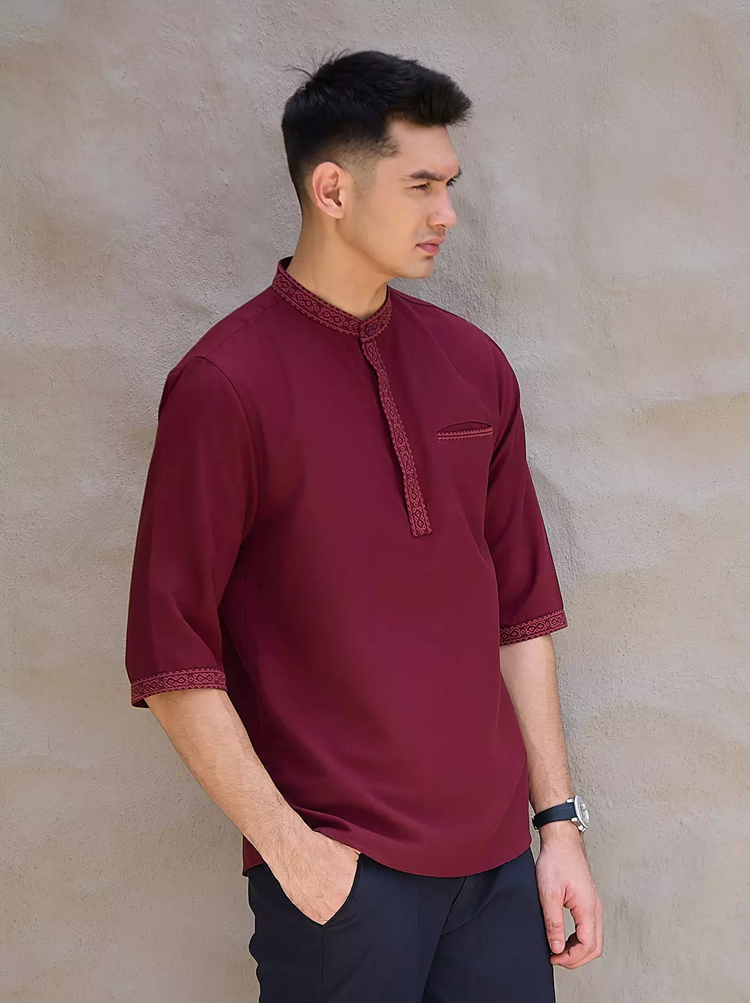 OXCON Kemeja koko Tangan 3/4 Bordir Hasbi Maroon