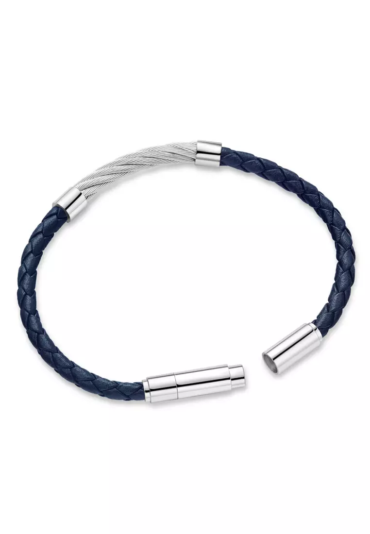 Police Kingpins Stainless Steel Cable Navy Blue Leather Bracelet For Men PPEAGB0005411