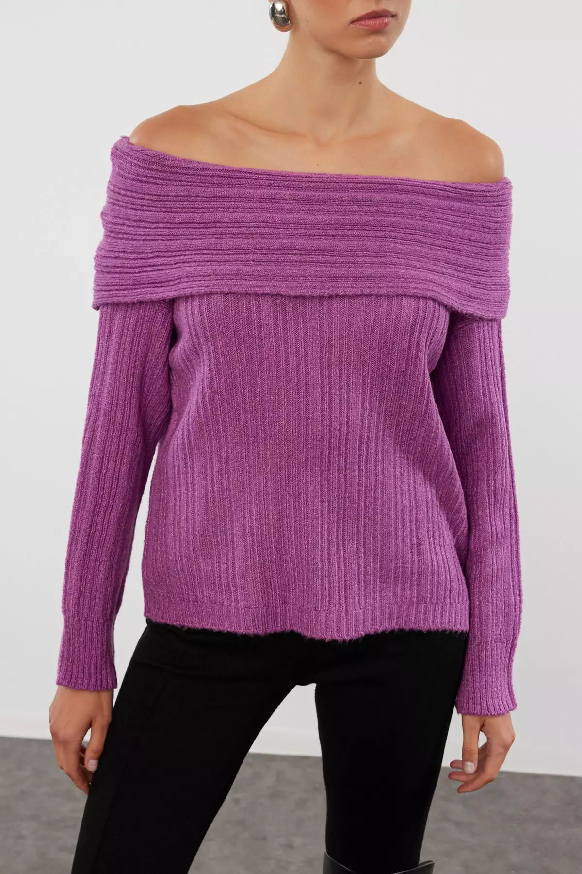Plum Soft Textured Carmen Collar Knitwear Sweater TWOAW25KZ00076
