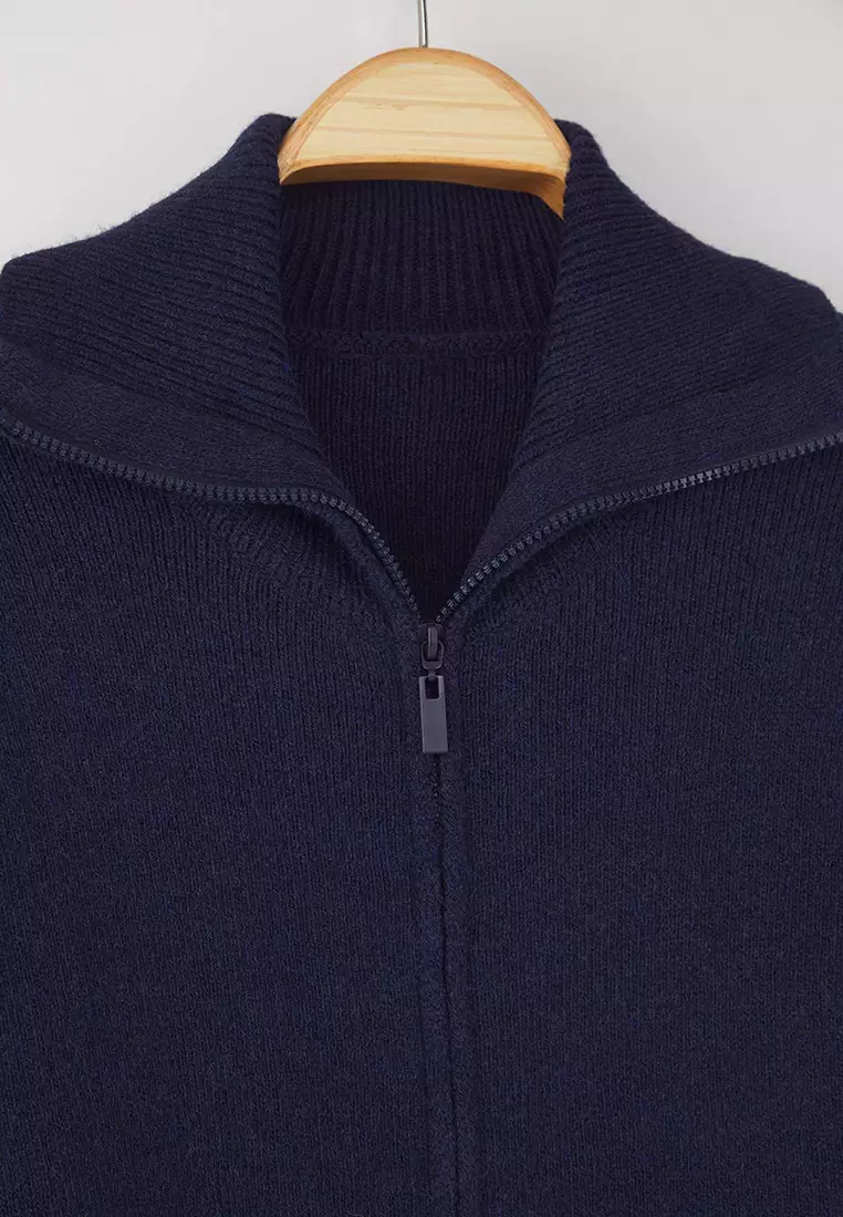 Navy Blue Turn Down Collar Soft Texture Wide Fit Zippered Knitwear Cardigan