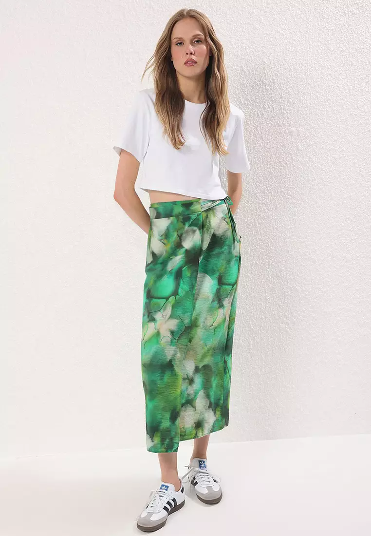 Green Batik Patterned Side Tie Slit Double Breasted Viscose Skirt Twoss25Et00176