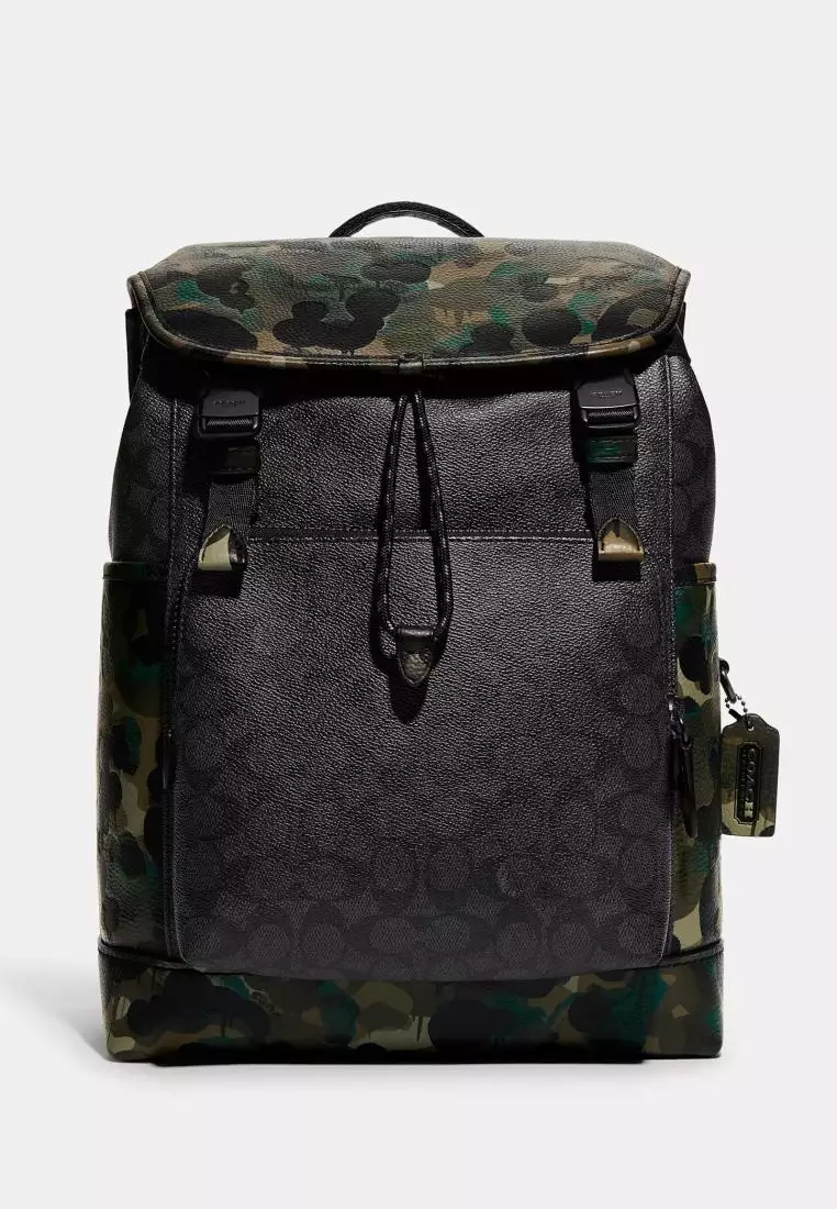 Coach League Flap Backpack In Signature Canvas With Camo Print Charcoal Multi