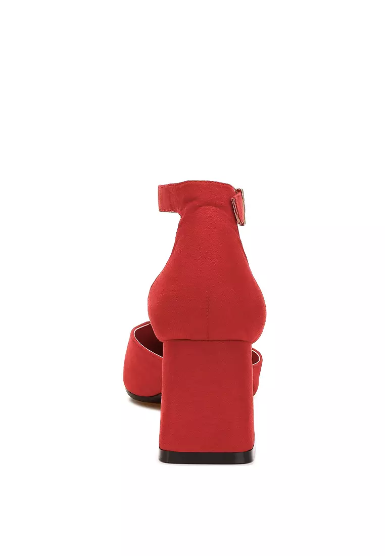 Sandal Hak Blok Microfiber Warna Merah