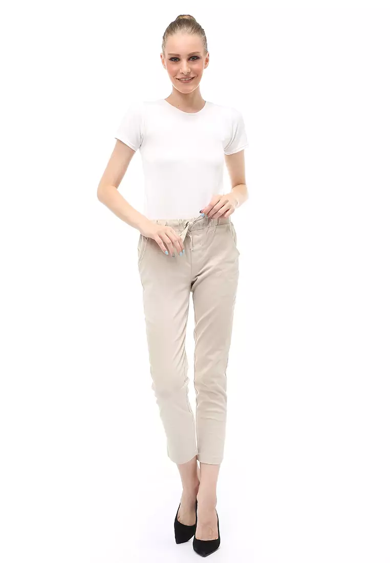 Long Pants Wanita Motif Solid Rubbery Waist Design Casual Regular Fit - Cream