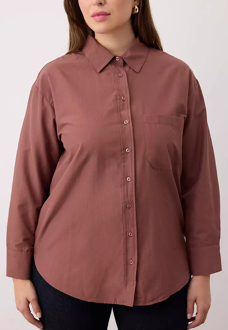 Brown Loose Fit Cotton Long Sleeve Plus Size Woven Shirt