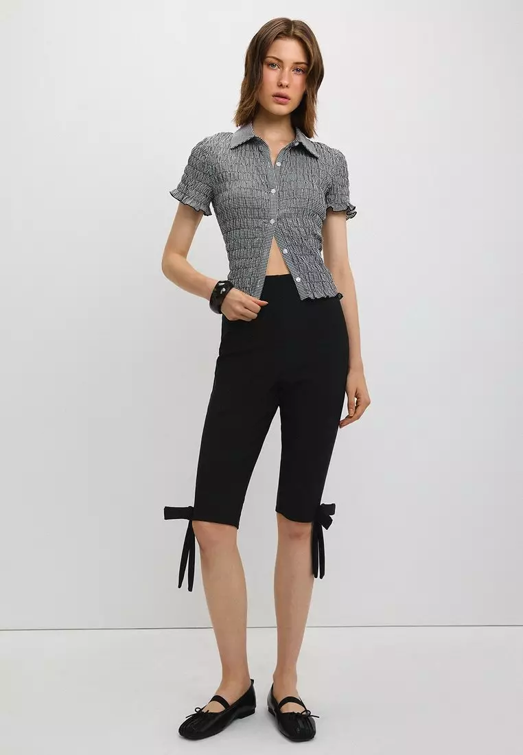 Gingham Shirred Blouse - Black