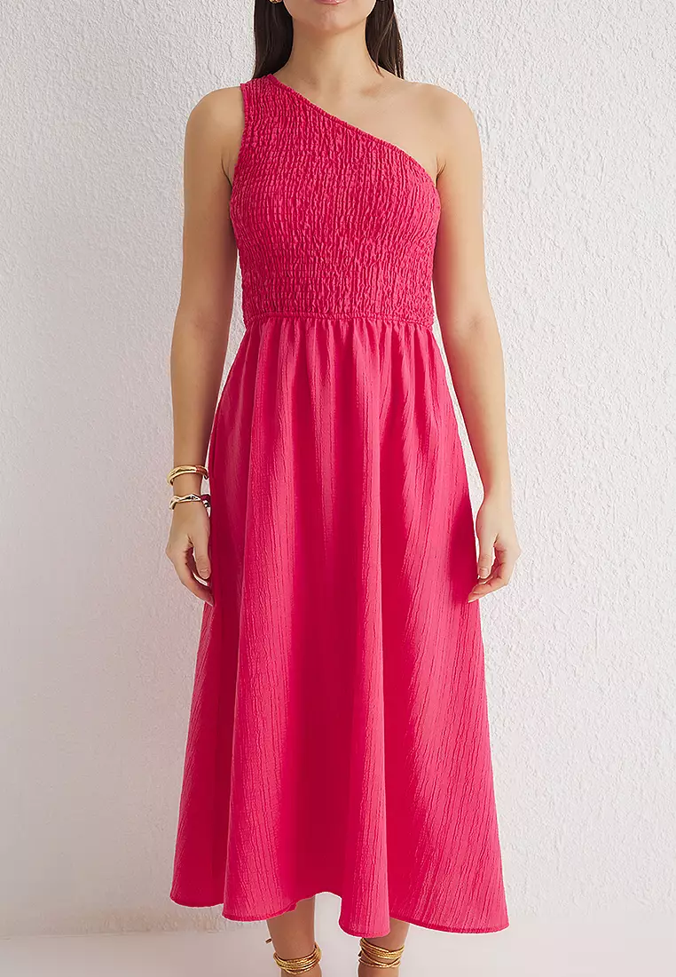 Fuchsia Plain Midi Woven Dress