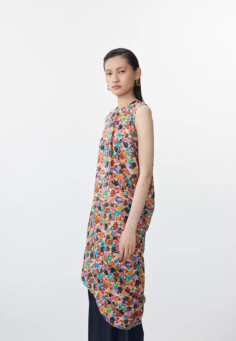 全棉未來主義花朵花型無袖連衣裙