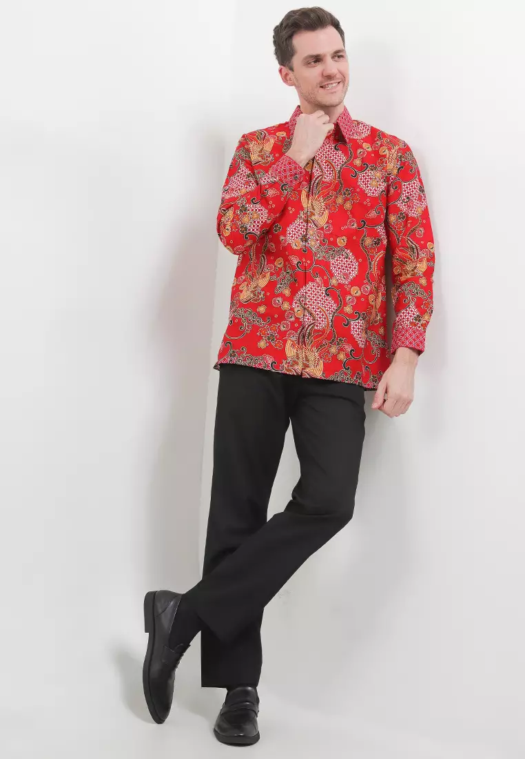 Kemeja Pria Lengan Panjang Batik Luciano Imlek Cheongsam Merah Red