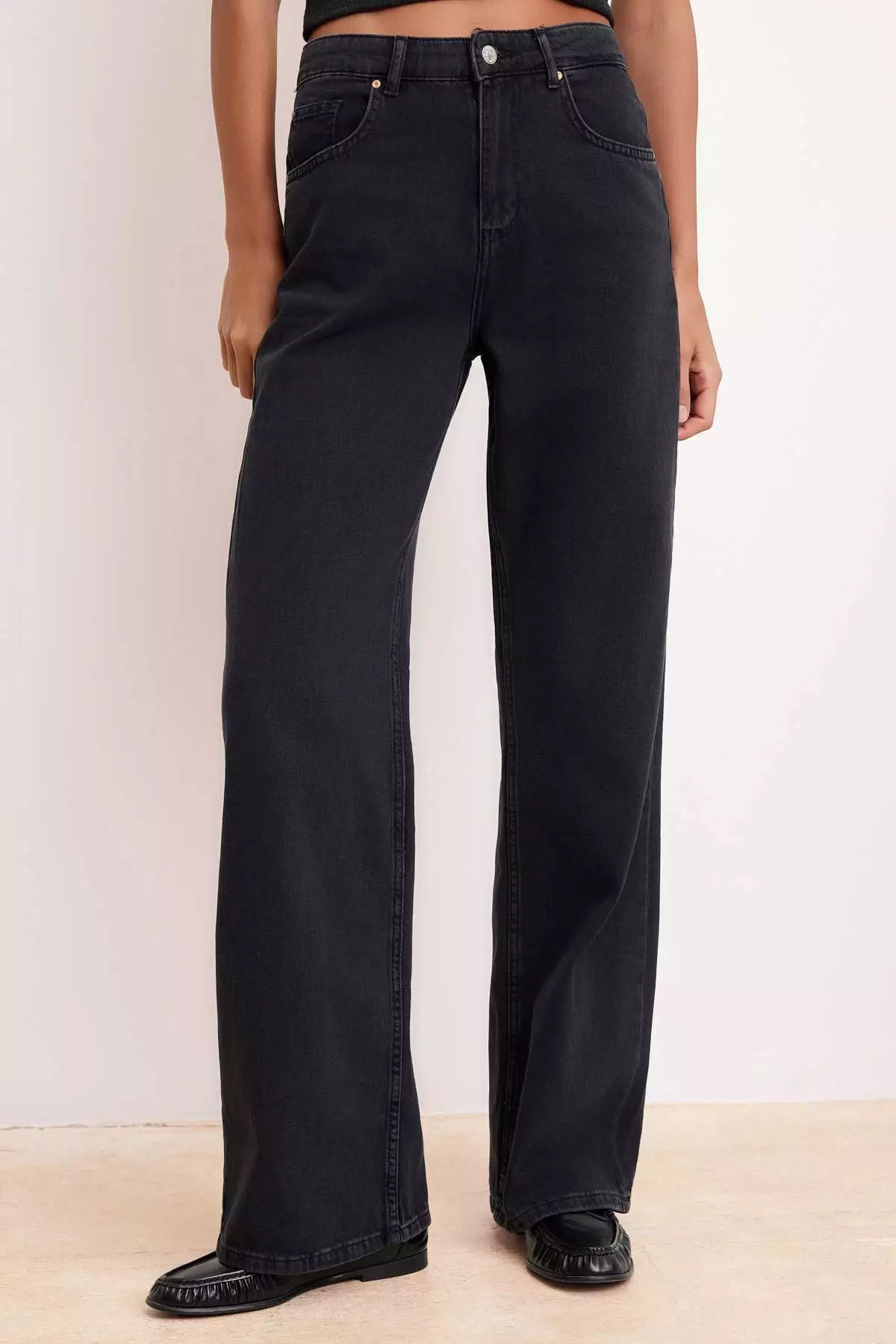Black Drapey High Waist Seasonal 1% Cotton Long Length Wi Wide Leg Eans Twoss26Je127