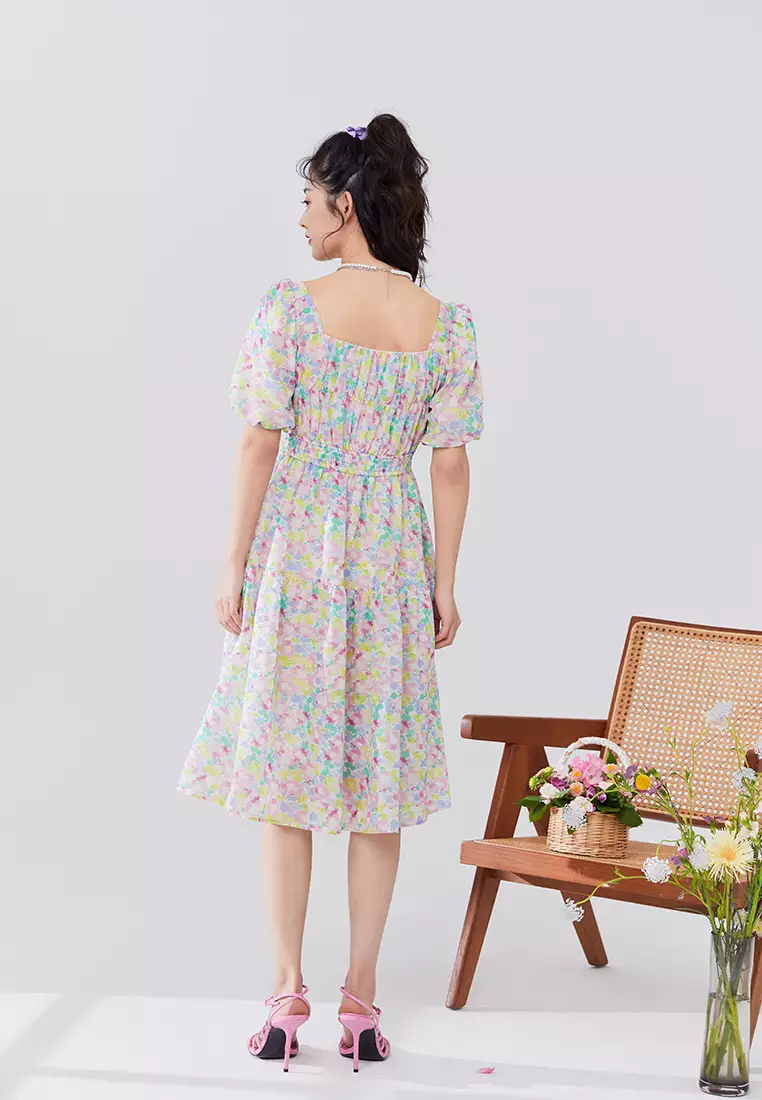Square Neck Floral Tiered Midi Dress