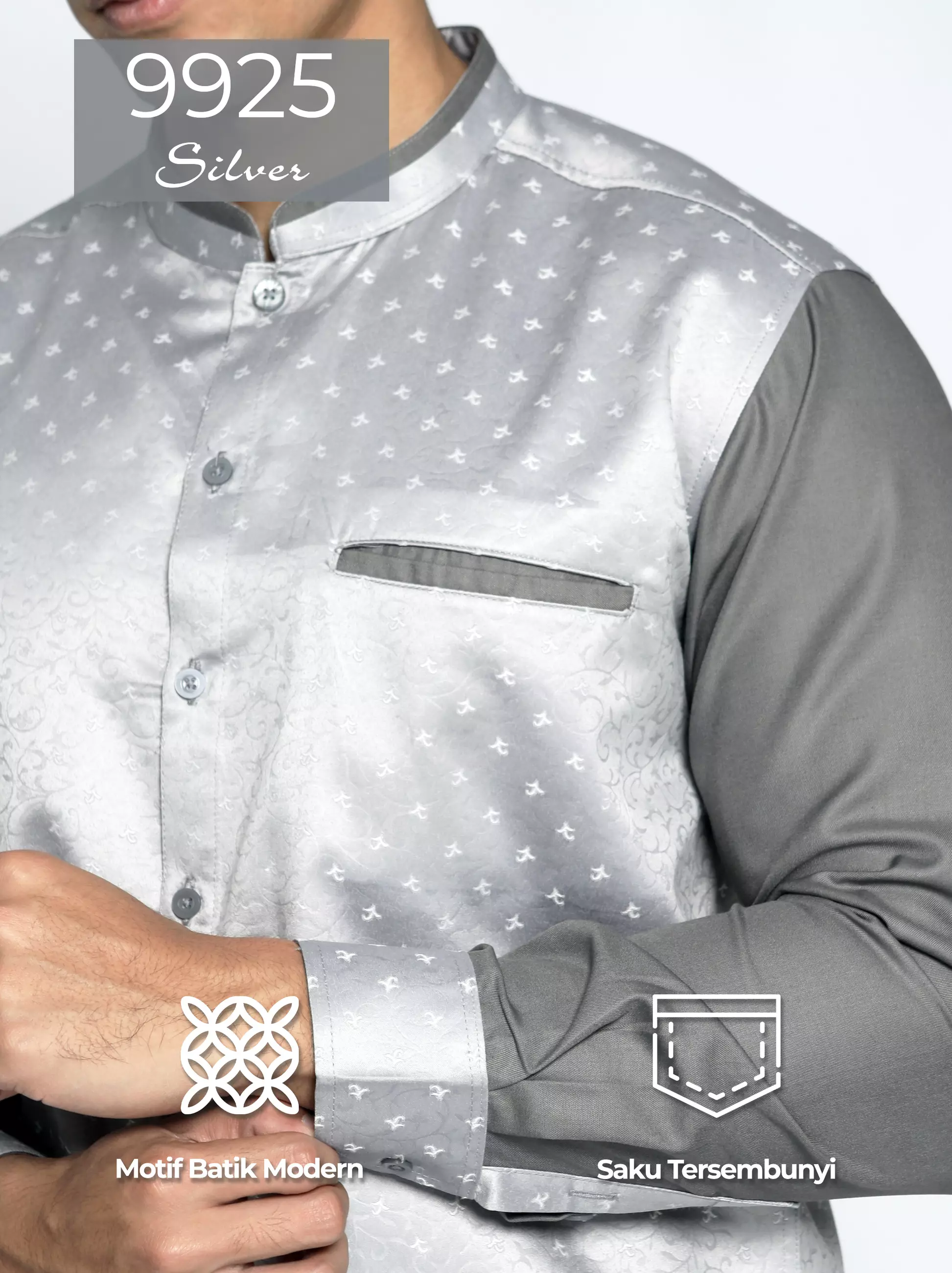 Casella Baju Koko Pria Lengan Panjang Kombinasi Batik Jeddah Design 9925 Silver