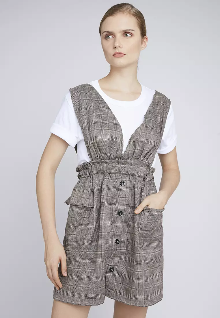 grey check pinafore dress Ladies Clothing And Shoe Wholesaler Stylewise Direct UK Grey Check Pinafore  Dress