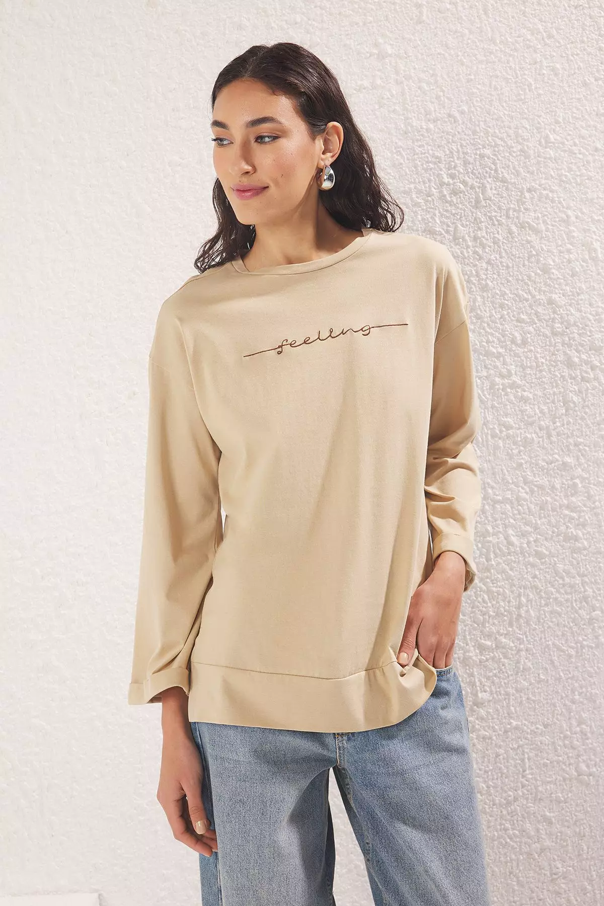 Beige Jersey Print Text Detailed Knitted T-shirt TCTSS25RT00002
