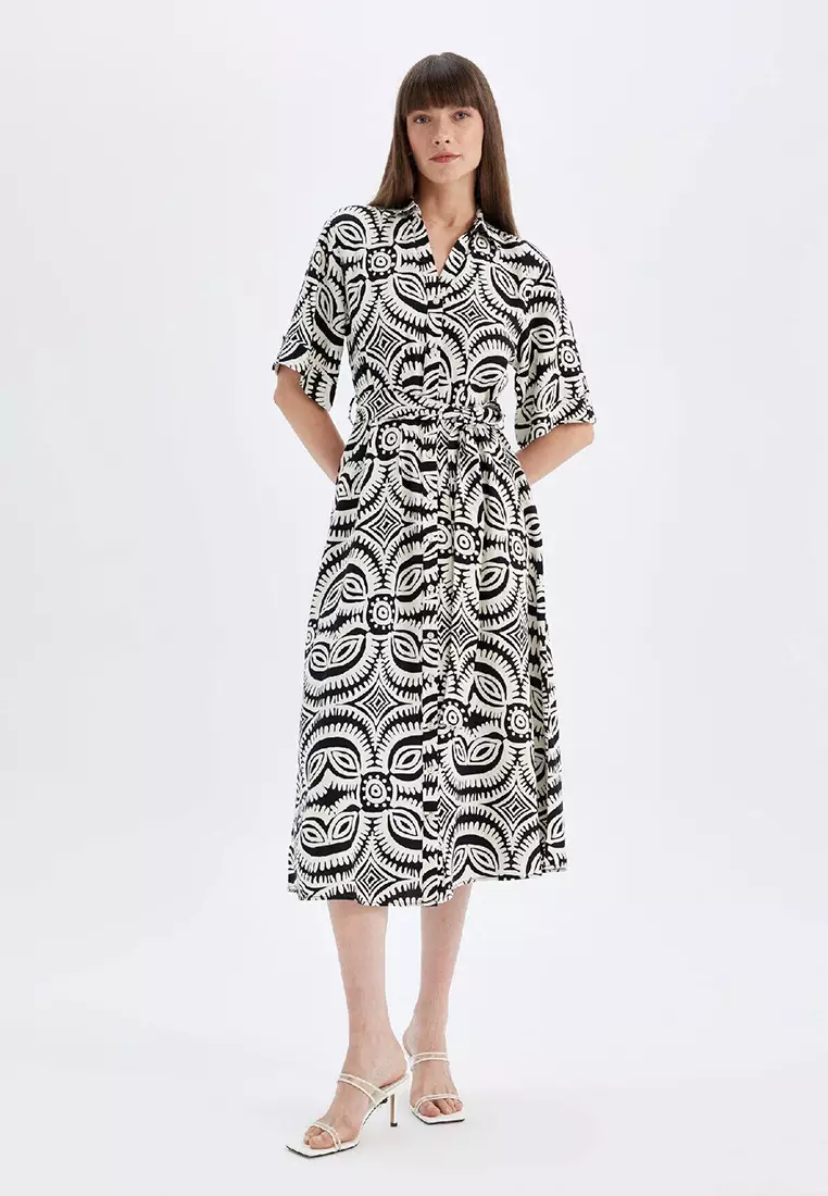 Shirt Collar Patterned Linen Blend Half Sleeve Midi Dress