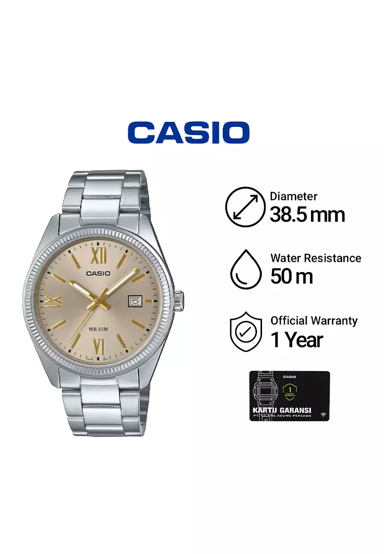 Casio MTP-1302DD-9AV - Jam Tangan Analog Pria - Silver Stainless Case Light Gold Dial