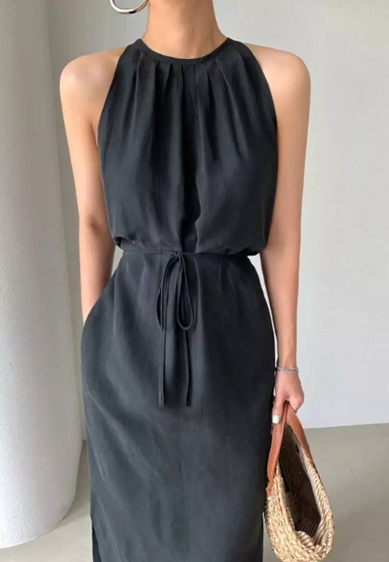 2025 minimalist lace up waist cinching slit dress CA25032720BK
