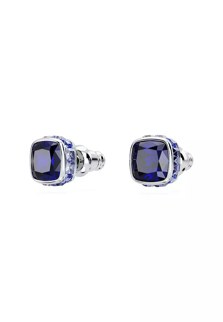 Birthstone Stud Earrings, Square Cut, September, Blue, Rhodium Plated
