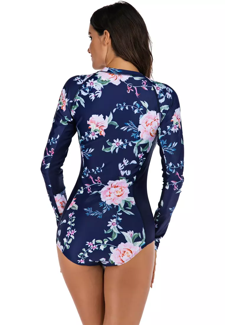 Surf Print Long Sleeve One Piece Swimsuit
