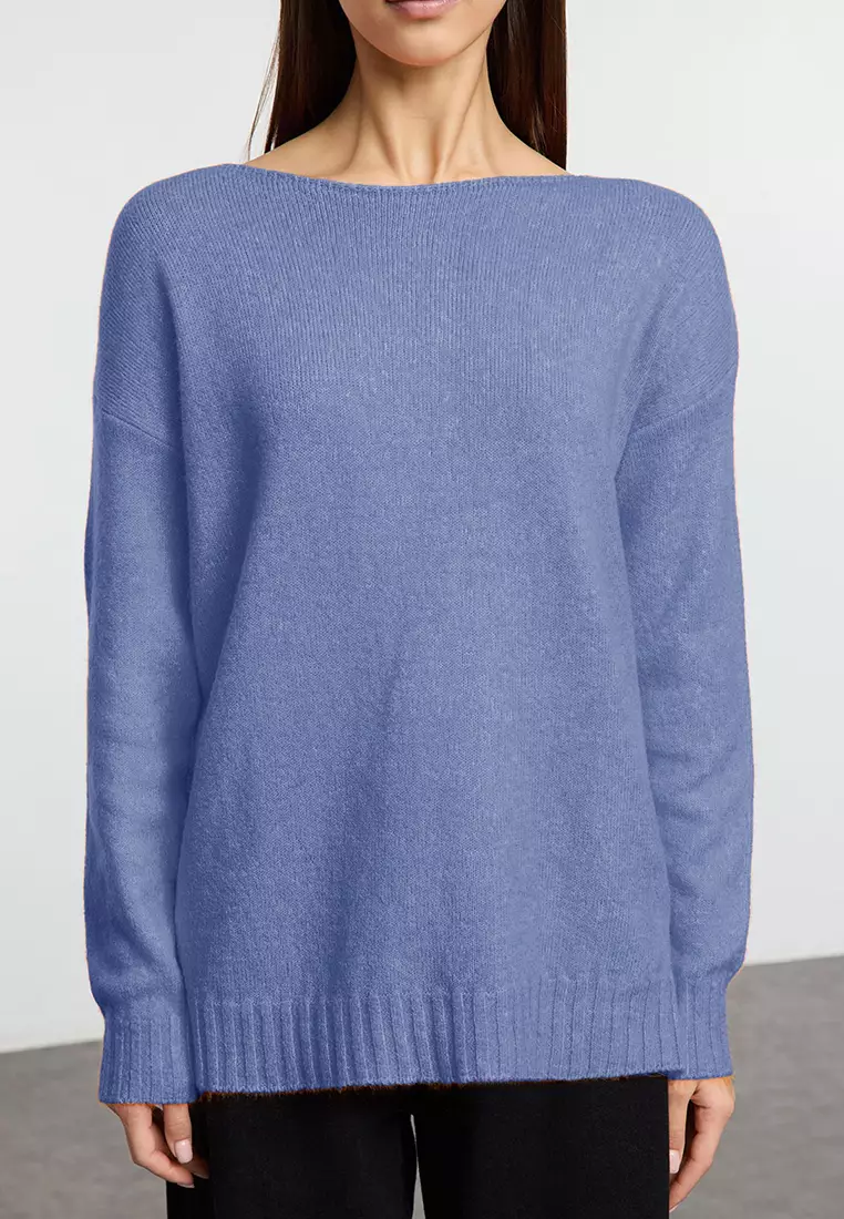 Indigo Wool Boat Neck Basic Knitwear Sweater