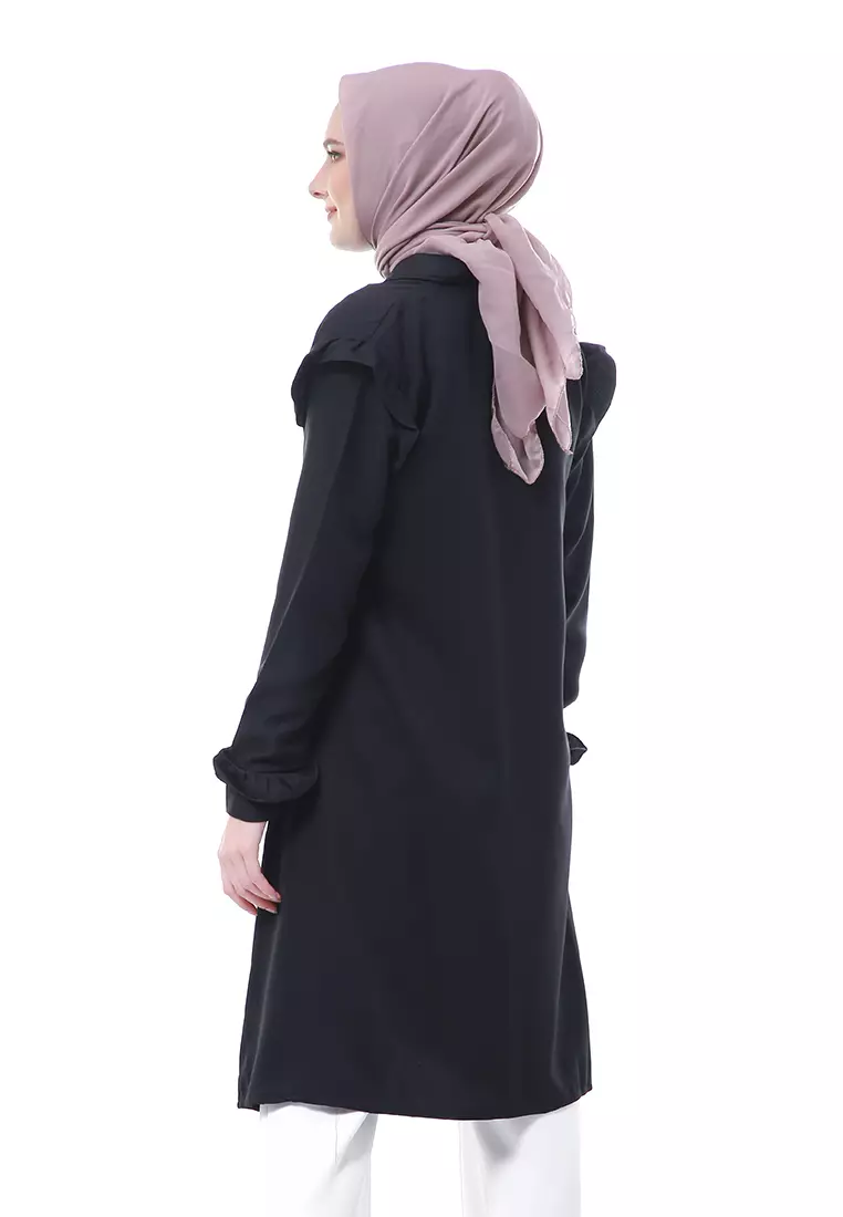 Zemira Tunik Atasan Wanita Motif Polos Long Sleeve - Hitam