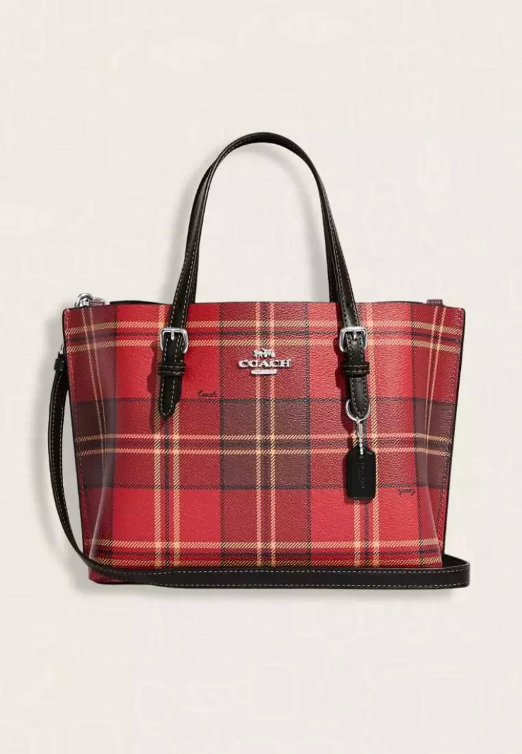 Coach Mollie Tote 25 With Tartan Plaid Print Red Black Multi