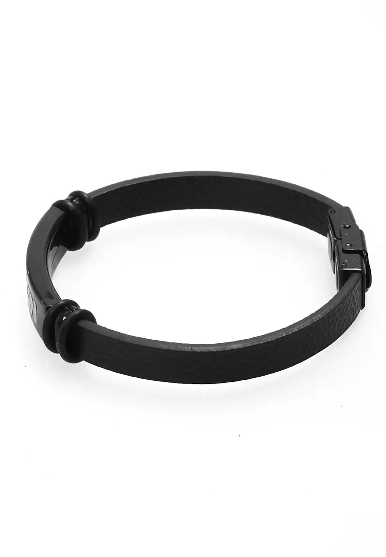 Aleda Gelang Kasual Pria Aksesoris Fashion Adjustable Strap Elegant Design Material Leather Stainless Steel ORIGINAL - Black