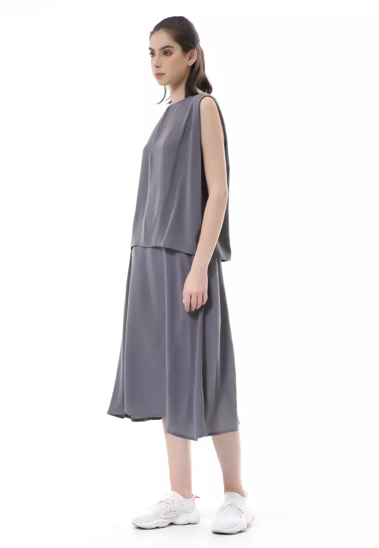 Nayra Set Atasan Wanita Setelan Tanpa Lengan with Long Skirt Motif Polos Material Chiffon Cathy ORIGINAL - Dusty Blue