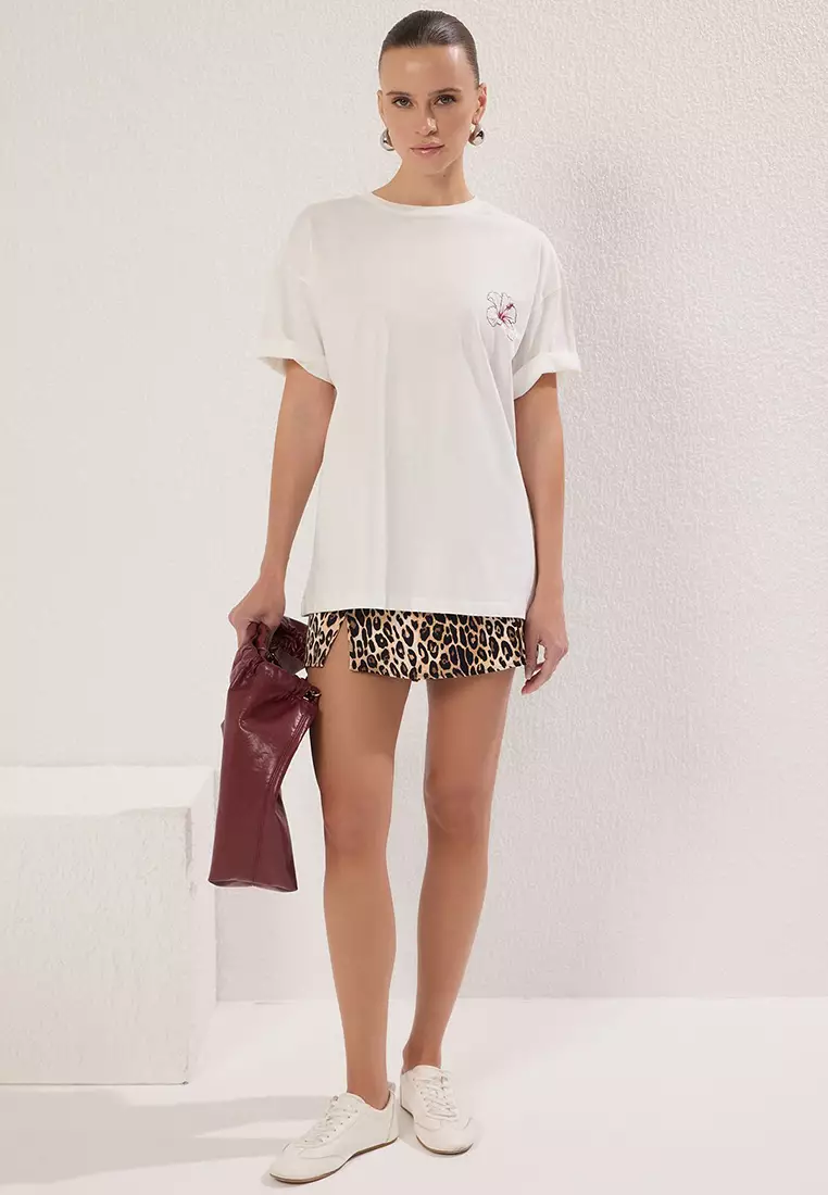 Ecru 100% Cotton Oversize/Wide Pattern Front Back Printed Knitted T-Shirt Twoss25Ts00059