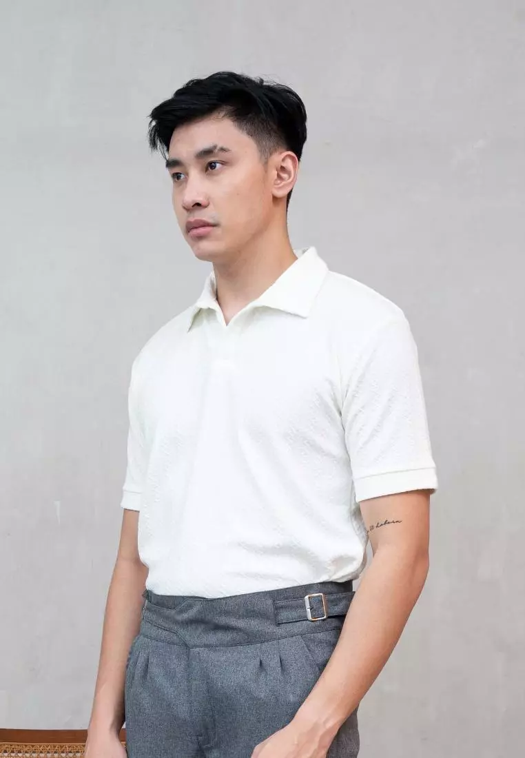 Houseofcuff Polo Shirt Rajut Stretch Lengan Pendek Pria Putih