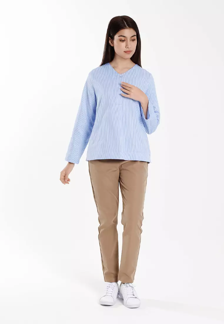 Forest Ladies Poly Cotton Striped V-Neck Blouse Women Long Sleeve Top - 822510-31Blue