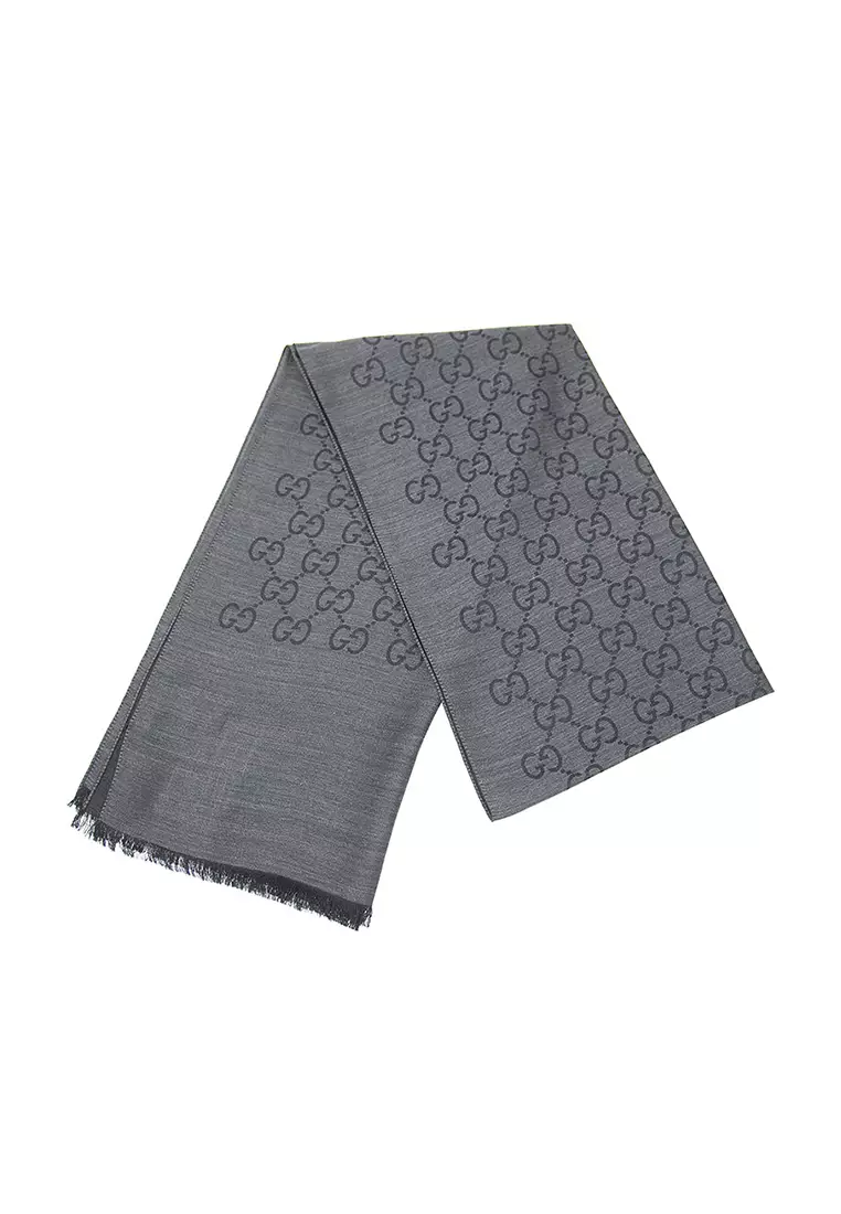 GG Logo Wool Silk Scarf in Charcoal Grey 165904 3G646