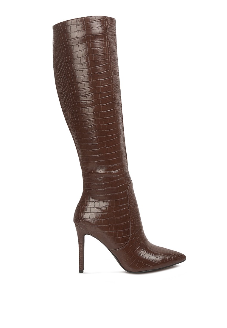 Dark Brown High Heeled Croc Calf Boots