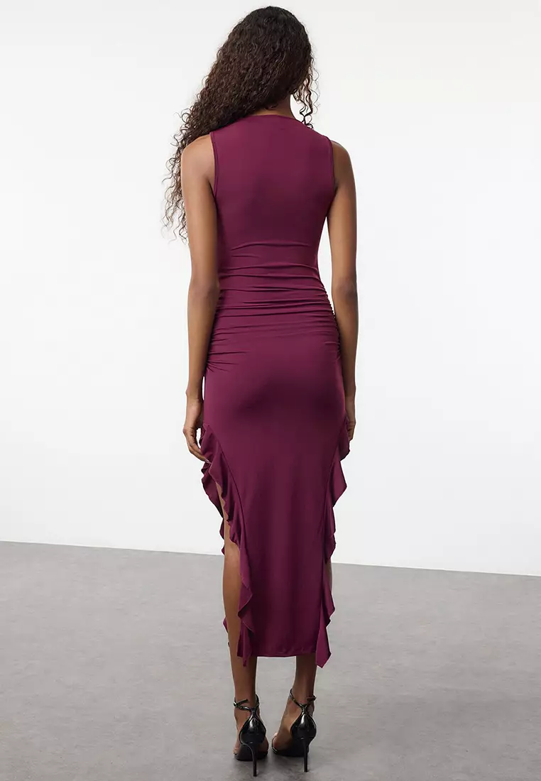 Plum Bodycone Zero Sleeve Slit Ruffle Detail Flexible Maxi Pencil Dress TWOSS24EL00688